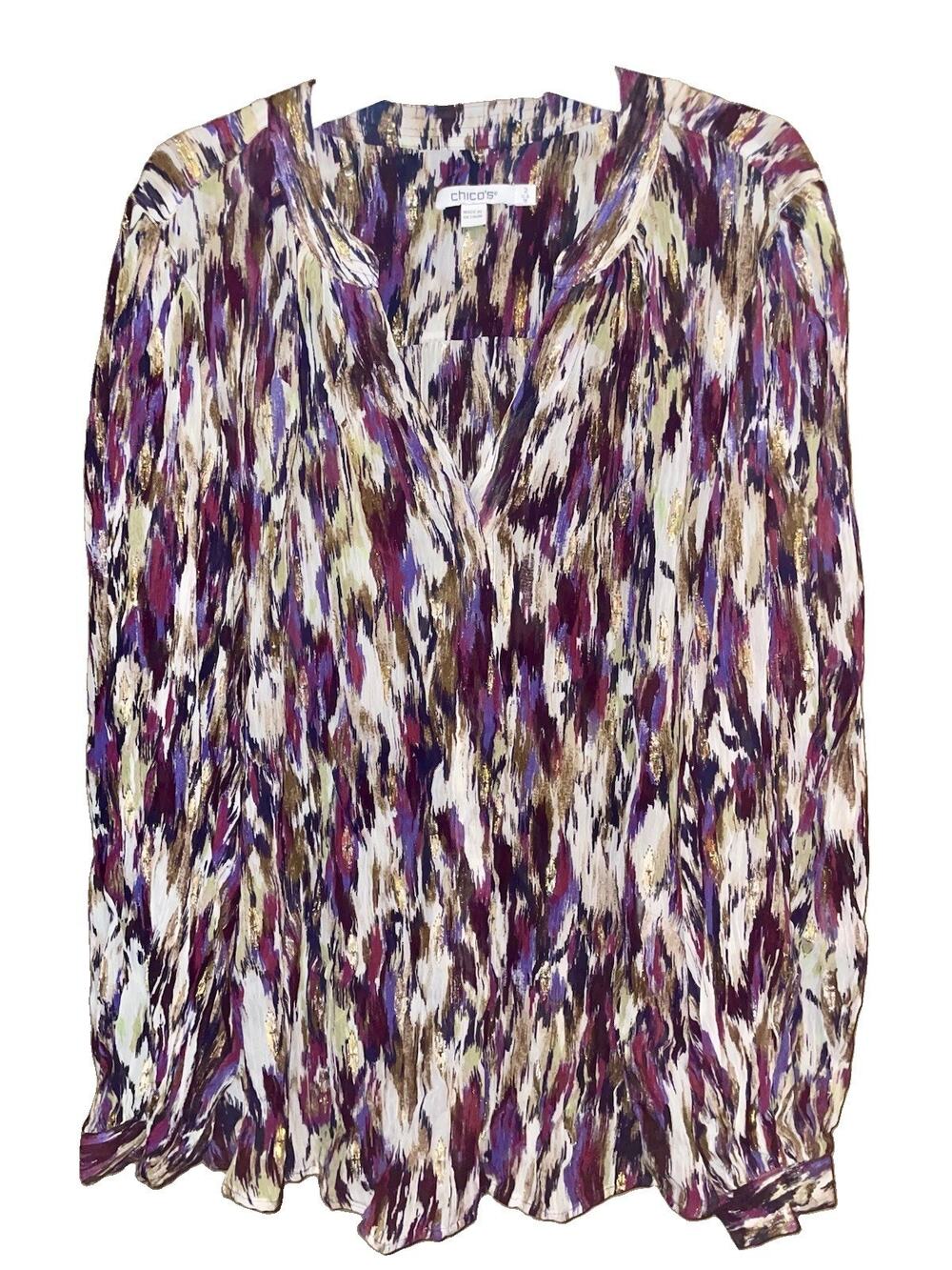 Chicos Blouse Abstract Ikat Metallic Gold Purple Boho XL Elevated Casual Artsy